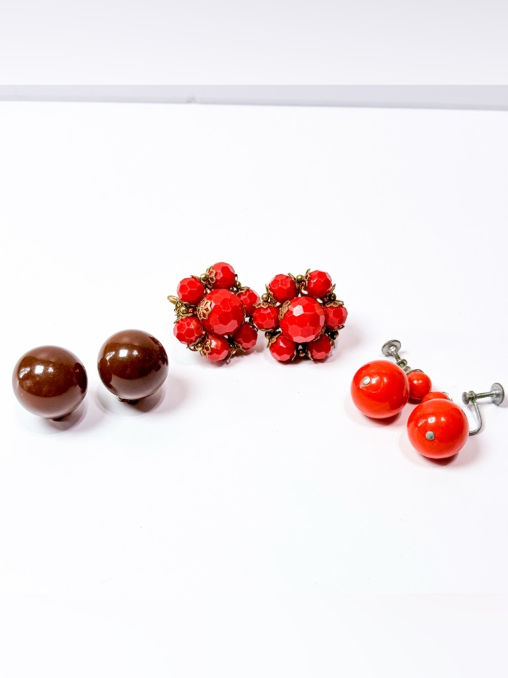 Vintage Mid Century Earrings Lot Red Cluster Orange Mod Brown Clip On/ Screwback